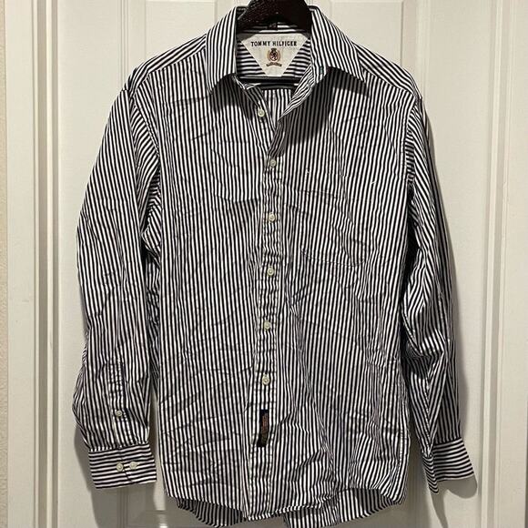 TOMMY HILFIGER Short Mens Striped Button Down Oxford Long Sleeve 34-35 - Picture 1 of 5